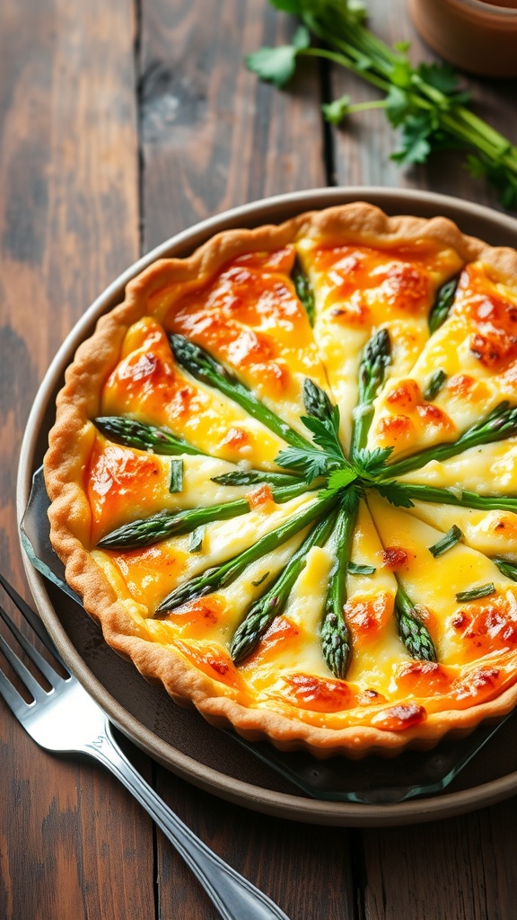 Slices of asparagus and two cheese quiche with hash brown crust on a wooden table.